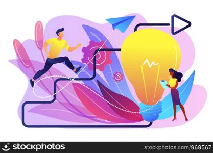 Businessman running up stairs arrow to lightbulb. Creative inspiration, how to find inspiration and unlocking creativity concept on white background. Bright vibrant violet vector isolated illustration. Creative inspiration concept vector illustration.