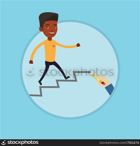 Businessman running up the career ladder drawn by hand. Happy businessman climbing the career ladder. Concept of business career. Vector flat design illustration in the circle isolated on background.. Businessman running upstairs vector illustration.