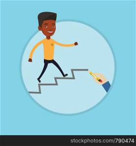 Businessman running up the career ladder drawn by hand. Happy businessman climbing the career ladder. Concept of business career. Vector flat design illustration in the circle isolated on background.. Businessman running upstairs vector illustration.