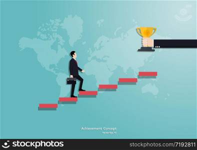 Businessman running up the staircase to trophy cup. business concept growth and the path to success, business finance concept, achievement, leadership, vector illustration flat style