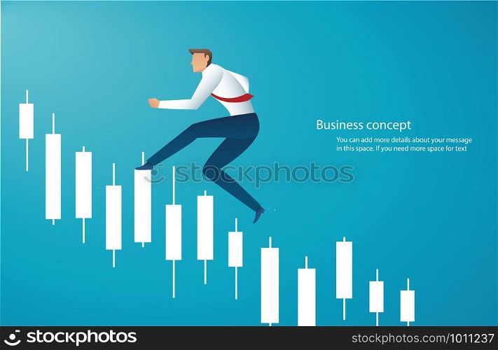 Businessman running with candlestick chart background, concept of stock market, vector illustration