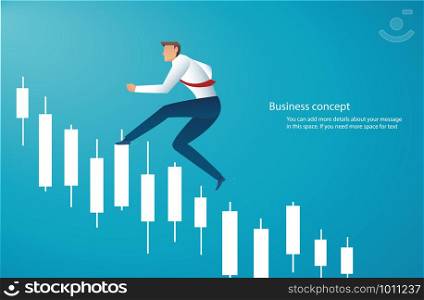 Businessman running with candlestick chart background, concept of stock market, vector illustration