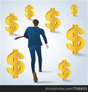 businessman running with gold dollar coins vector. business concept illustration