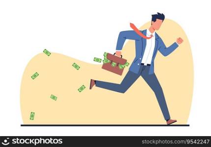 Businessman runs away with briefcase with paper money falling out of it. Running man, hurry person, successful entrepreneur or employee. Cartoon flat isolated illustration. Vector finance concept. Businessman runs away with briefcase with paper money falling out of it. Running man, hurry person, successful entrepreneur or employee. Cartoon flat isolated illustration. Vector concept
