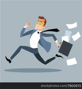 Businessman runs, losing the paper from the portfolio. Glyph of haste, race or meeting