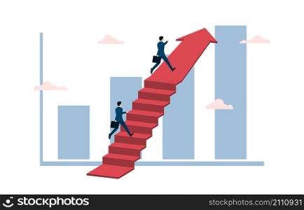 Businessman runs on stair chart or arrow, Business goal achievement, Career ladder progress and advancement, Professional competition, Success in business. Vector illustration flat