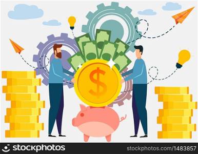 Businessman saving money and investment concept. A large piggy bank in the form of a piglet, financial services, small bankers are engaged in work, saving or accumulating money. vector illustration.