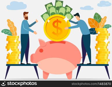 Businessman saving money and investment concept. A large piggy bank in the form of a piglet, financial services, small bankers are engaged in work, saving or accumulating money. vector illustration.