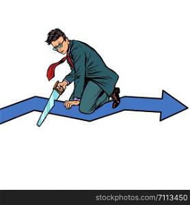 businessman sawing curve graph. self-destruction stupidity and bankruptcy. incompetence. Pop art retro vector illustration drawing. businessman sawing curve graph. self-destruction stupidity and bankruptcy. incompetence
