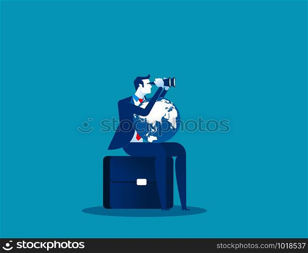 Businessman search for success. Concept business success vector illustration. Looking through binoculars, with the world on lap.