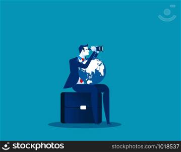 Businessman search for success. Concept business success vector illustration. Looking through binoculars, with the world on lap.
