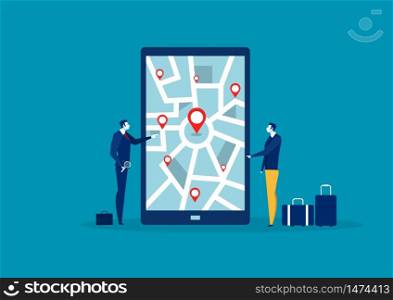 Businessman searchig for location on mobile phone map.vector illustrator