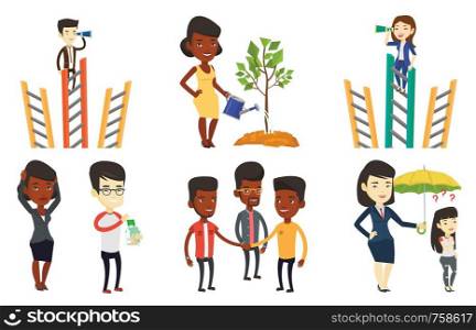 Businessman searching for opportunities. Businessman using spyglass for searching of opportunities. Business opportunities concept. Set of vector flat design illustrations isolated on white background. Vector set of business characters.