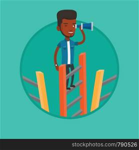 Businessman searching for opportunities. Businessman using spyglass for searching of opportunities. Business opportunities concept. Vector flat design illustration in the circle isolated on background. Businessman looking for business opportunities.