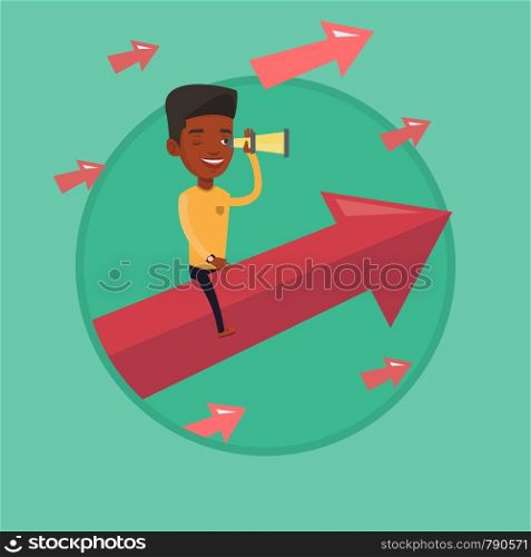 Businessman searching for opportunities. Businessman using spyglass for searching of opportunities. Business opportunities concept. Vector flat design illustration in the circle isolated on background. Businessman looking through spyglass.