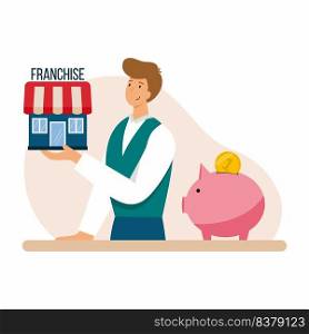 Businessman sells franchise. Franchising system. Vector illustration in cartoon style. Man offers to buy ready made business.