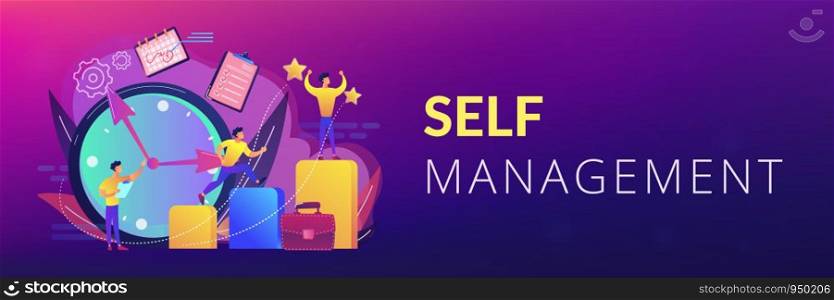 Businessman sets goals and runs up on graph columns for success on time. Self-management, self regulation learning, self-organization course concept. Header or footer banner template with copy space.. Self management concept banner header.