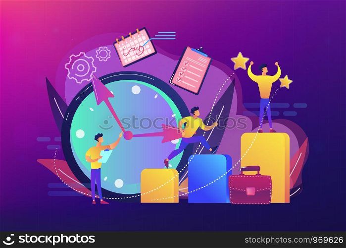 Businessman sets goals and runs up on graph columns for success on time. Self-management, self regulation learning, self-organization course concept. Bright vibrant violet vector isolated illustration. Self management concept vector illustration.