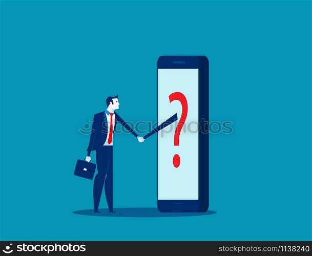 Businessman shaking and agreement with anonymous person inside of smartphone. Concept business technology vector illustration.