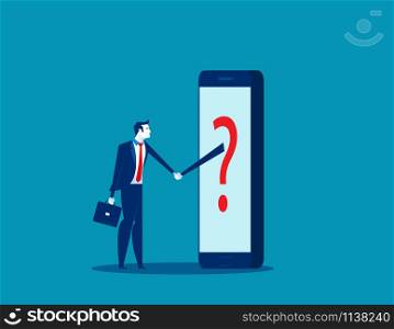 Businessman shaking and agreement with anonymous person inside of smartphone. Concept business technology vector illustration.