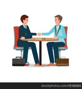 Businessman shaking hand over a round negotiations table for signed contract, Business handshake conceptual isolated on white background. character flat design vector illustration.
