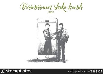 Businessman shaking hands concept. Hand drawn partners shaking hands. Men in formal dress greeting each other isolated vector illustration.. Businessman shaking hands concept. Hand drawn isolated vector.