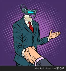 businessman shaking hands in virtual reality, a template without a head. Pop art retro vector illustration. businessman shaking hands in virtual reality, a template without