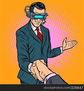 businessman shaking hands in virtual reality. Pop art retro vector illustration. businessman shaking hands in virtual reality