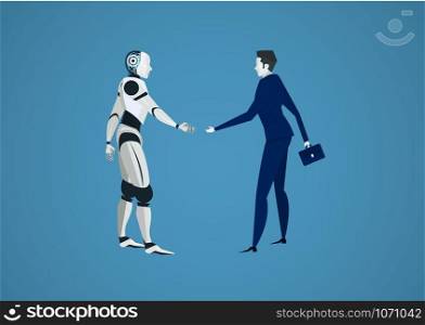 Businessman shaking robots hand for investment. human vs robot vector futuristic background. Illustration