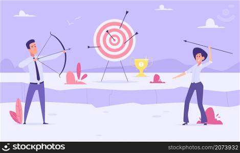 Businessman shooting to goal. Leadership managers with bow professionals working exact vector concept illustration. Archery businessman, challenge achievement competition. Businessman shooting to goal. Leadership managers with bow professionals working exact vector concept illustrations