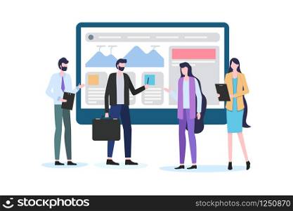 Businessman Show Chart Report on Screen Man Woman Office Worker Vector Illustration. Business Company Manager People Team Analysis Profit Graph Growth Discuss Sucess Strategy Teamwork. Businessman Show Chart Report on Screen Office