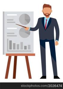 Businessman showing charts. Statistic presentation or meeting report. Vector illustration. Businessman showing charts. Statistic presentation or meeting report