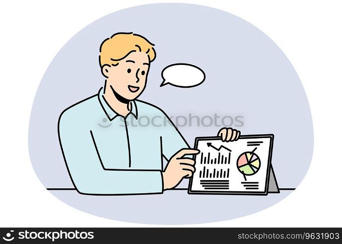 Businessman showing presentation on pad device. Smiling male coach or trainer present financial business project on tablet. Vector illustration.. Businessman make business presentation on pad