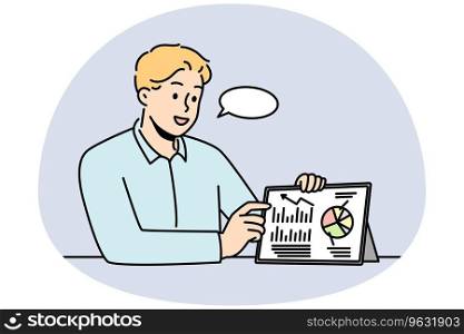 Businessman showing presentation on pad device. Smiling male coach or trainer present financial business project on tablet. Vector illustration.. Businessman make business presentation on pad