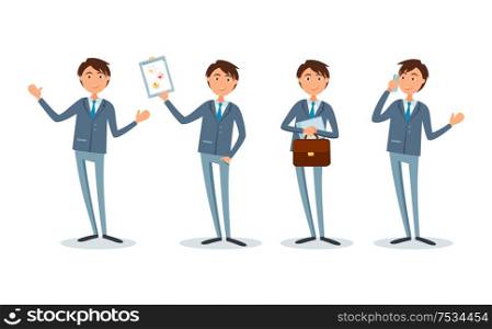 Businessman showing presentation plan, company strategy on paper page vector. Boss talking on mobile phone, carrying documents and briefcase in hand. Businessman Showing Presentation Plan on Paper