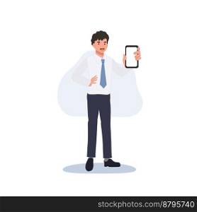 businessman showing smartphone, man holding smartphone close up. Flat vector cartoon illustration