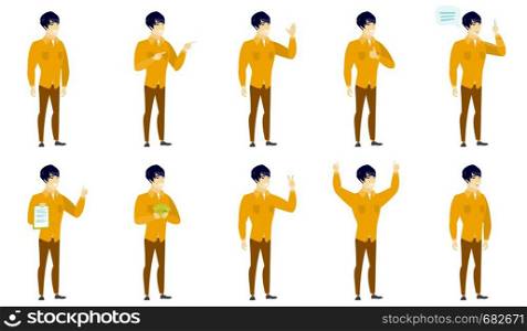 Businessman showing the victory gesture. Businessman showing the victory sign with two fingers. Businessman with victory gesture. Set of vector flat design illustrations isolated on white background.. Vector set of illustrations with business people.