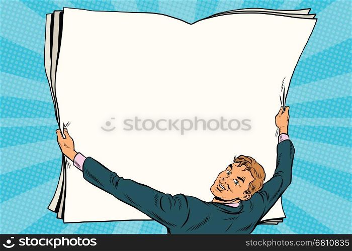 Businessman shows blank paper poster. Pop art retro vector illustration. Copy space background. Businessman shows blank paper poster