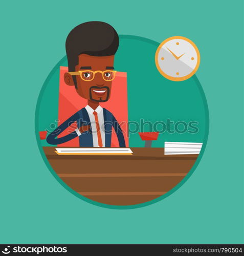 Businessman signing business contract in office. Man is about to sign a business contract. Signing of business contract concept. Vector flat design illustration in the circle isolated on background.. Signing of business documents vector illustration.