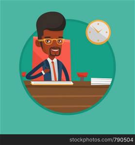 Businessman signing business contract in office. Man is about to sign a business contract. Signing of business contract concept. Vector flat design illustration in the circle isolated on background.. Signing of business documents vector illustration.