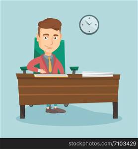 Businessman signing business documents in office. Man is about to sign a business agreement. Confirmation of transaction by signing of business contract. Vector flat design illustration. Square layout. Signing of business documents vector illustration.