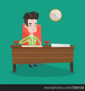 Businessman signing business documents in office. Man is about to sign a business agrement. Confirmation of transaction by signing of business contract. Vector flat design illustration. Square layout.. Signing of business documents vector illustration.
