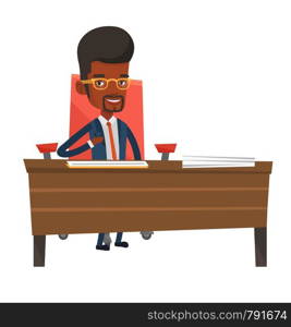 Businessman signing contract in office. Man is about to sign a business contract. Confirmation of transaction by signing of contract. Vector flat design illustration isolated on white background.. Signing of business contract vector illustration.