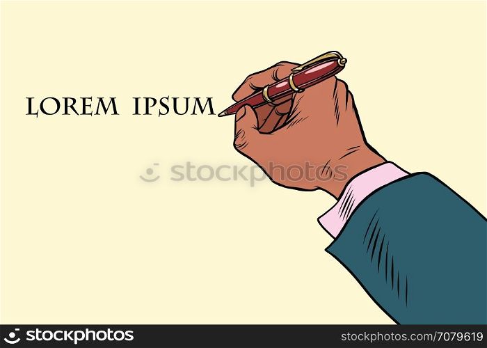 Businessman signs a document with a pen. Pop art retro vector illustration. Businessman signs a document with a pen