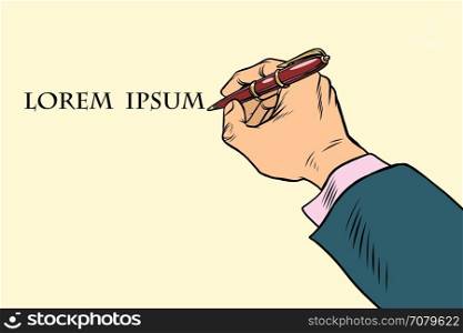 Businessman signs a document with a pen. Pop art retro vector illustration. Businessman signs a document with a pen