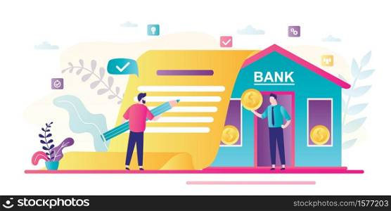 Businessman signs loan agreement. Bank building, credit manager giving money. Business people in trendy style. Loan process concept. Male clerk with gold coin. Flat vector illustration