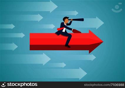 businessman sit on red arrow hold binoculars forward fly on sky go to success goal. business finance concept. creative idea. startup. illustration cartoon vector