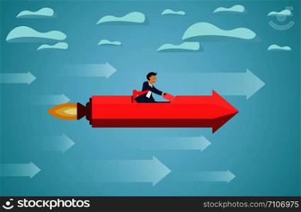 businessman sit on red rocket arrow fly on sky go to success goal. creative idea. startup. illustration cartoon vector