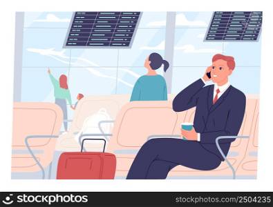 Businessman sits at the airport and talks on the phone.. Businessman sits at the airport and talks on the phone