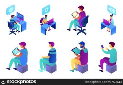 Businessman sitting and working, call center operator, tiny people isometric 3D illustration set. Customer service and technical support engineer, consultant concept. Isolated on white background.. Businessman and call center operator isometric 3D illustration set.